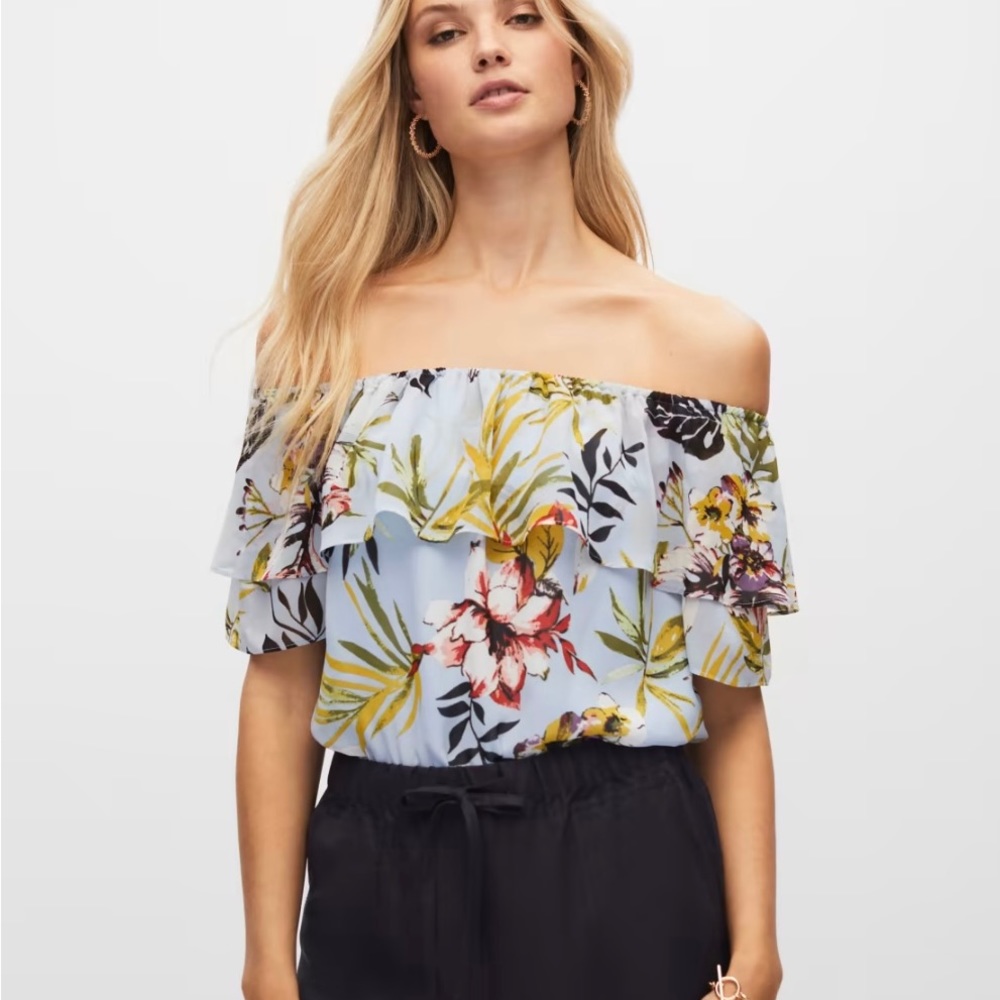 Off-Shoulder Blue Floral Ruffle Women's Top